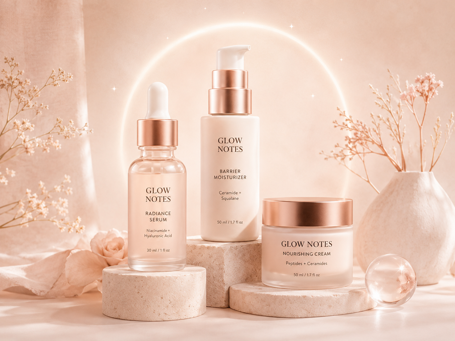Soft editorial skincare still life with serum, moisturizer, and nourishing cream in warm blush tones